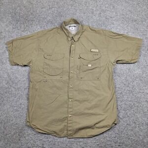 Columbia‎ PFG Shirt Mens Large Beige Vented Short Sleeve Button Up Fishing Fish